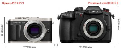 Größenvergleich: OM System PEN E-PL9 vs. Panasonic Lumix DC-GH5 II Größenvergleich: OM System PEN E-PL9 vs. Panasonic Lumix DC-GH5 II