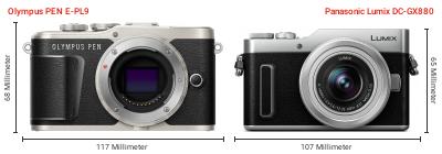 Größenvergleich: OM System PEN E-PL9 vs. Panasonic Lumix DC-GX880 Größenvergleich: OM System PEN E-PL9 vs. Panasonic Lumix DC-GX880