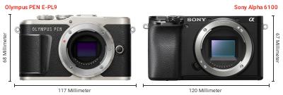 Größenvergleich: OM System PEN E-PL9 vs. Sony Alpha 6100 Größenvergleich: OM System PEN E-PL9 vs. Sony Alpha 6100