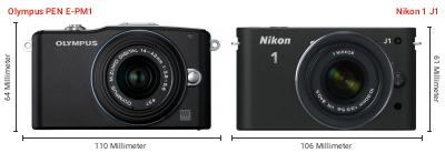 Größenvergleich: OM System PEN E-PM1 vs. Nikon 1 J1 Größenvergleich: OM System PEN E-PM1 vs. Nikon 1 J1
