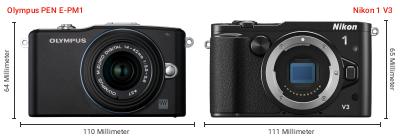 Größenvergleich: OM System PEN E-PM1 vs. Nikon 1 V3 Größenvergleich: OM System PEN E-PM1 vs. Nikon 1 V3