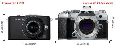 Größenvergleich: OM System PEN E-PM1 vs. OM System OM-D E-M5 Mark III Größenvergleich: OM System PEN E-PM1 vs. OM System OM-D E-M5 Mark III