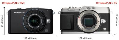 Größenvergleich: OM System PEN E-PM1 vs. OM System PEN E-P5 Größenvergleich: OM System PEN E-PM1 vs. OM System PEN E-P5