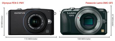 Größenvergleich: OM System PEN E-PM1 vs. Panasonic Lumix DMC-GF5 Größenvergleich: OM System PEN E-PM1 vs. Panasonic Lumix DMC-GF5