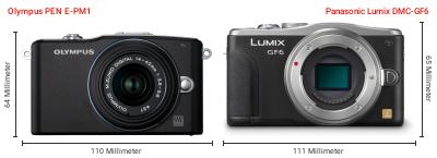 Größenvergleich: OM System PEN E-PM1 vs. Panasonic Lumix DMC-GF6 Größenvergleich: OM System PEN E-PM1 vs. Panasonic Lumix DMC-GF6