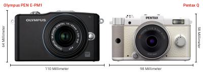 Größenvergleich: OM System PEN E-PM1 vs. Pentax Q Größenvergleich: OM System PEN E-PM1 vs. Pentax Q