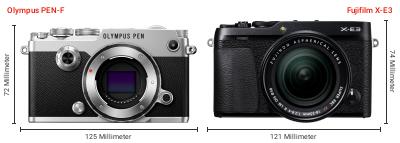 Größenvergleich: OM System PEN-F vs. Fujifilm X-E3 Größenvergleich: OM System PEN-F vs. Fujifilm X-E3