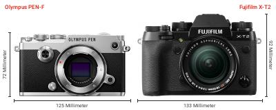 Größenvergleich: OM System PEN-F vs. Fujifilm X-T2 Größenvergleich: OM System PEN-F vs. Fujifilm X-T2