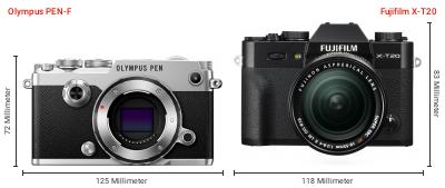 Größenvergleich: OM System PEN-F vs. Fujifilm X-T20 Größenvergleich: OM System PEN-F vs. Fujifilm X-T20