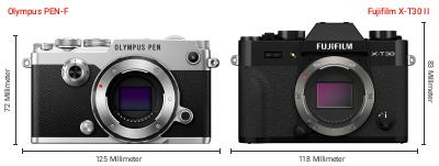 Größenvergleich: OM System PEN-F vs. Fujifilm X-T30 II Größenvergleich: OM System PEN-F vs. Fujifilm X-T30 II