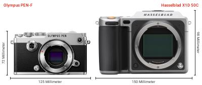 Größenvergleich: OM System PEN-F vs. Hasselblad X1D 50C Größenvergleich: OM System PEN-F vs. Hasselblad X1D 50C