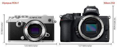 Größenvergleich: OM System PEN-F vs. Nikon Z50 Größenvergleich: OM System PEN-F vs. Nikon Z50