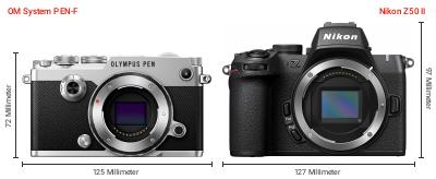 Größenvergleich: OM System PEN-F vs. Nikon Z50 II Größenvergleich: OM System PEN-F vs. Nikon Z50 II