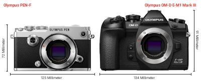 Größenvergleich: OM System PEN-F vs. OM System OM-D E-M1 Mark III