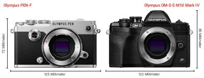 Größenvergleich: OM System PEN-F vs. OM System OM-D E-M10 Mark IV Größenvergleich: OM System PEN-F vs. OM System OM-D E-M10 Mark IV