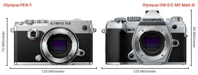 Größenvergleich: OM System PEN-F vs. OM System OM-D E-M5 Mark III Größenvergleich: OM System PEN-F vs. OM System OM-D E-M5 Mark III