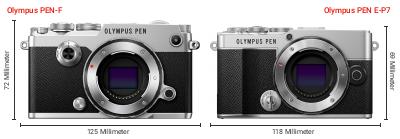 Größenvergleich: OM System PEN-F vs. OM System PEN E-P7 Größenvergleich: OM System PEN-F vs. OM System PEN E-P7