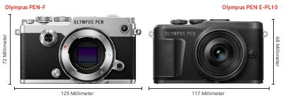 Größenvergleich: OM System PEN-F vs. OM System PEN E-PL10 Größenvergleich: OM System PEN-F vs. OM System PEN E-PL10