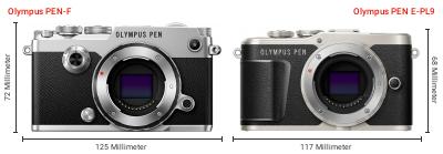 Größenvergleich: OM System PEN-F vs. OM System PEN E-PL9 Größenvergleich: OM System PEN-F vs. OM System PEN E-PL9