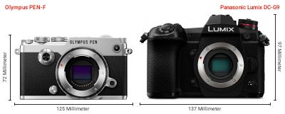 Größenvergleich: OM System PEN-F vs. Panasonic Lumix DC-G9 Größenvergleich: OM System PEN-F vs. Panasonic Lumix DC-G9