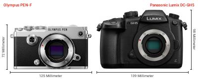 Größenvergleich: OM System PEN-F vs. Panasonic Lumix DC-GH5 Größenvergleich: OM System PEN-F vs. Panasonic Lumix DC-GH5
