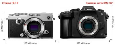 Größenvergleich: OM System PEN-F vs. Panasonic Lumix DMC-G81 Größenvergleich: OM System PEN-F vs. Panasonic Lumix DMC-G81