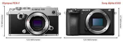 Größenvergleich: OM System PEN-F vs. Sony Alpha 6500 Größenvergleich: OM System PEN-F vs. Sony Alpha 6500