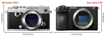 Größenvergleich: OM System PEN-F vs. Sony Alpha 6700 Größenvergleich: OM System PEN-F vs. Sony Alpha 6700