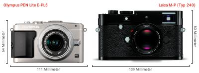 Größenvergleich: OM System PEN Lite E-PL5 vs. Leica M-P (Typ 240) Größenvergleich: OM System PEN Lite E-PL5 vs. Leica M-P (Typ 240)
