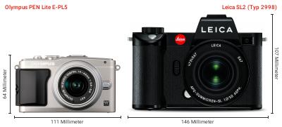 Größenvergleich: OM System PEN Lite E-PL5 vs. Leica SL2 (Typ 2998) Größenvergleich: OM System PEN Lite E-PL5 vs. Leica SL2 (Typ 2998)