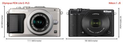 Größenvergleich: OM System PEN Lite E-PL5 vs. Nikon 1 J5 Größenvergleich: OM System PEN Lite E-PL5 vs. Nikon 1 J5