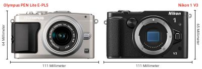 Größenvergleich: OM System PEN Lite E-PL5 vs. Nikon 1 V3 Größenvergleich: OM System PEN Lite E-PL5 vs. Nikon 1 V3