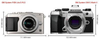 Größenvergleich: OM System PEN Lite E-PL5 vs. OM System OM-5 Mark II Größenvergleich: OM System PEN Lite E-PL5 vs. OM System OM-5 Mark II