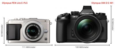 Größenvergleich: OM System PEN Lite E-PL5 vs. OM System OM-D E-M1 Größenvergleich: OM System PEN Lite E-PL5 vs. OM System OM-D E-M1