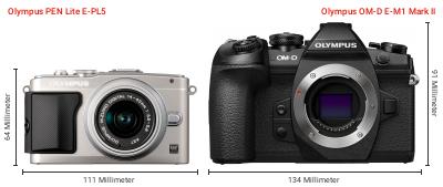 Größenvergleich: OM System PEN Lite E-PL5 vs. OM System OM-D E-M1 Mark II Größenvergleich: OM System PEN Lite E-PL5 vs. OM System OM-D E-M1 Mark II