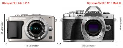 Größenvergleich: OM System PEN Lite E-PL5 vs. OM System OM-D E-M10 Mark III Größenvergleich: OM System PEN Lite E-PL5 vs. OM System OM-D E-M10 Mark III