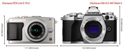 Größenvergleich: OM System PEN Lite E-PL5 vs. OM System OM-D E-M5 Mark II Größenvergleich: OM System PEN Lite E-PL5 vs. OM System OM-D E-M5 Mark II