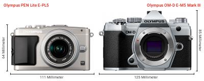 Größenvergleich: OM System PEN Lite E-PL5 vs. OM System OM-D E-M5 Mark III Größenvergleich: OM System PEN Lite E-PL5 vs. OM System OM-D E-M5 Mark III