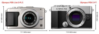 Größenvergleich: OM System PEN Lite E-PL5 vs. OM System PEN E-P7 Größenvergleich: OM System PEN Lite E-PL5 vs. OM System PEN E-P7