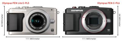 Größenvergleich: OM System PEN Lite E-PL5 vs. OM System PEN E-PL6 Größenvergleich: OM System PEN Lite E-PL5 vs. OM System PEN E-PL6