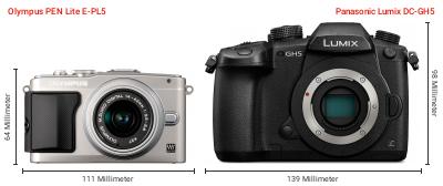 Größenvergleich: OM System PEN Lite E-PL5 vs. Panasonic Lumix DC-GH5 Größenvergleich: OM System PEN Lite E-PL5 vs. Panasonic Lumix DC-GH5