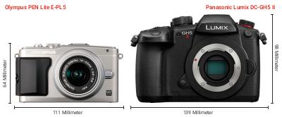 Größenvergleich: OM System PEN Lite E-PL5 vs. Panasonic Lumix DC-GH5 II Größenvergleich: OM System PEN Lite E-PL5 vs. Panasonic Lumix DC-GH5 II