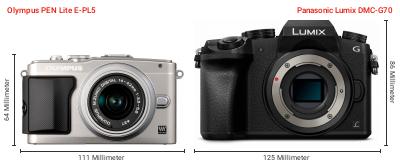 Größenvergleich: OM System PEN Lite E-PL5 vs. Panasonic Lumix DMC-G70 Größenvergleich: OM System PEN Lite E-PL5 vs. Panasonic Lumix DMC-G70