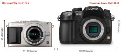 Größenvergleich: OM System PEN Lite E-PL5 vs. Panasonic Lumix DMC-GH3 Größenvergleich: OM System PEN Lite E-PL5 vs. Panasonic Lumix DMC-GH3
