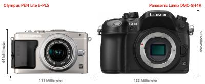 Größenvergleich: OM System PEN Lite E-PL5 vs. Panasonic Lumix DMC-GH4R Größenvergleich: OM System PEN Lite E-PL5 vs. Panasonic Lumix DMC-GH4R
