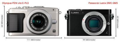 Größenvergleich: OM System PEN Lite E-PL5 vs. Panasonic Lumix DMC-GM5 Größenvergleich: OM System PEN Lite E-PL5 vs. Panasonic Lumix DMC-GM5