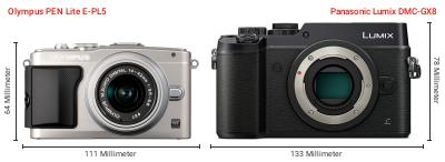 Größenvergleich: OM System PEN Lite E-PL5 vs. Panasonic Lumix DMC-GX8 Größenvergleich: OM System PEN Lite E-PL5 vs. Panasonic Lumix DMC-GX8