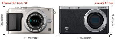 Größenvergleich: OM System PEN Lite E-PL5 vs. Samsung NX mini Größenvergleich: OM System PEN Lite E-PL5 vs. Samsung NX mini