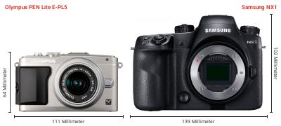Größenvergleich: OM System PEN Lite E-PL5 vs. Samsung NX1