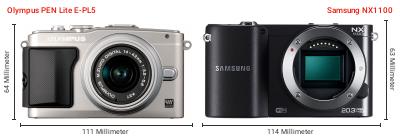 Größenvergleich: OM System PEN Lite E-PL5 vs. Samsung NX1100 Größenvergleich: OM System PEN Lite E-PL5 vs. Samsung NX1100